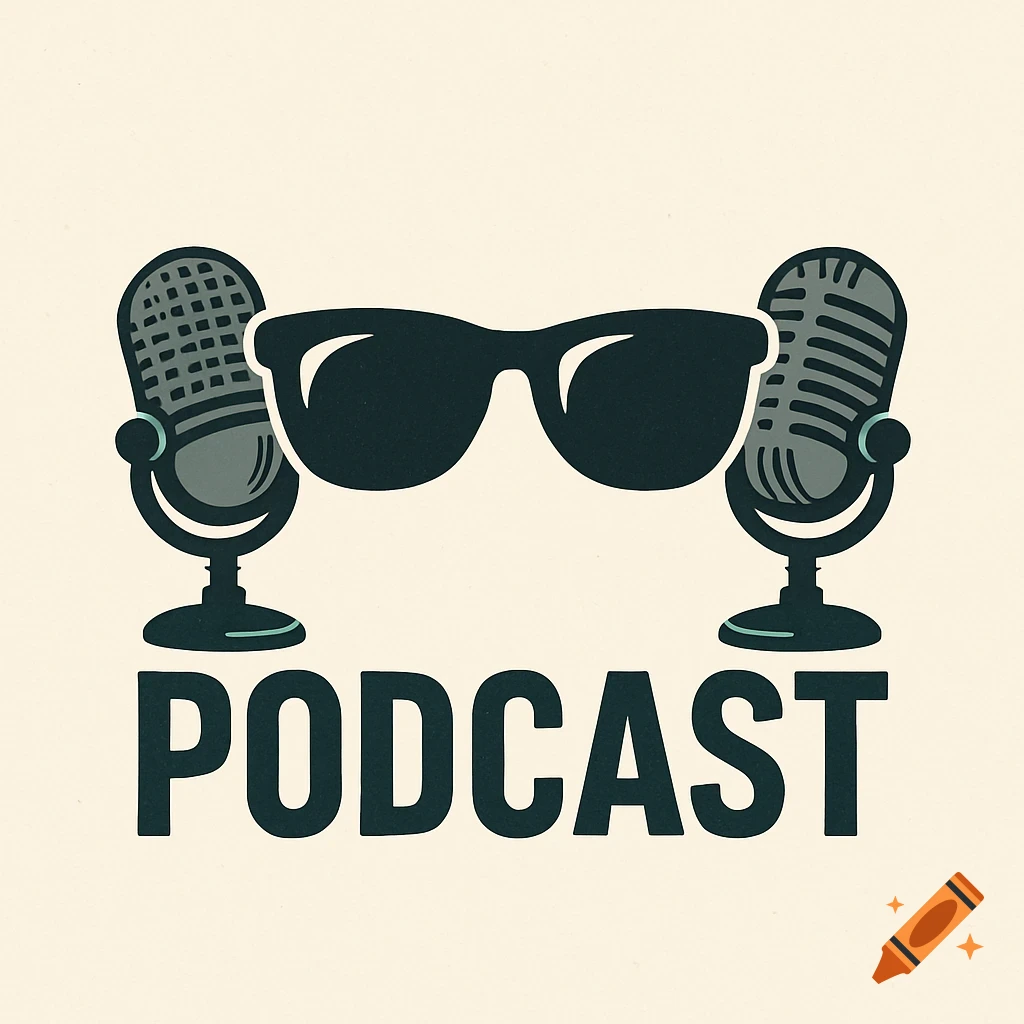 Graphic logo of sunglasses between two microphones over the word PODCAST
