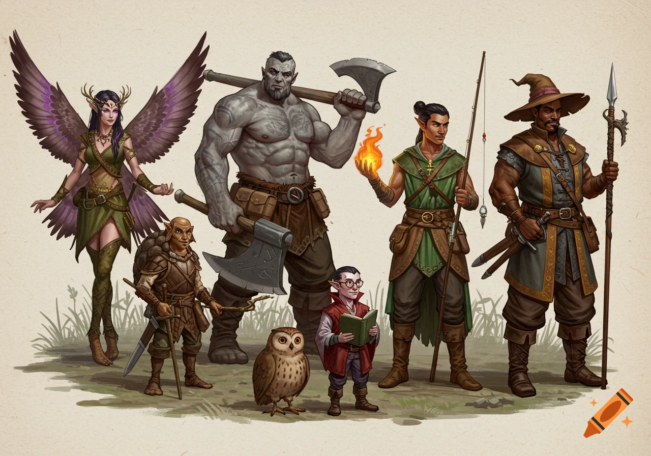 A group of diverse fantasy characters stand together: a winged fairy, muscular barbarian, elf mage, tortle, vampire, wizard, and an owl.