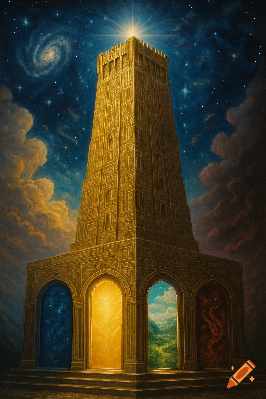 A tall, golden fantasy tower with four arched doorways showing a cosmic void, bright light, green landscape, and fiery realm, under a starry sky.