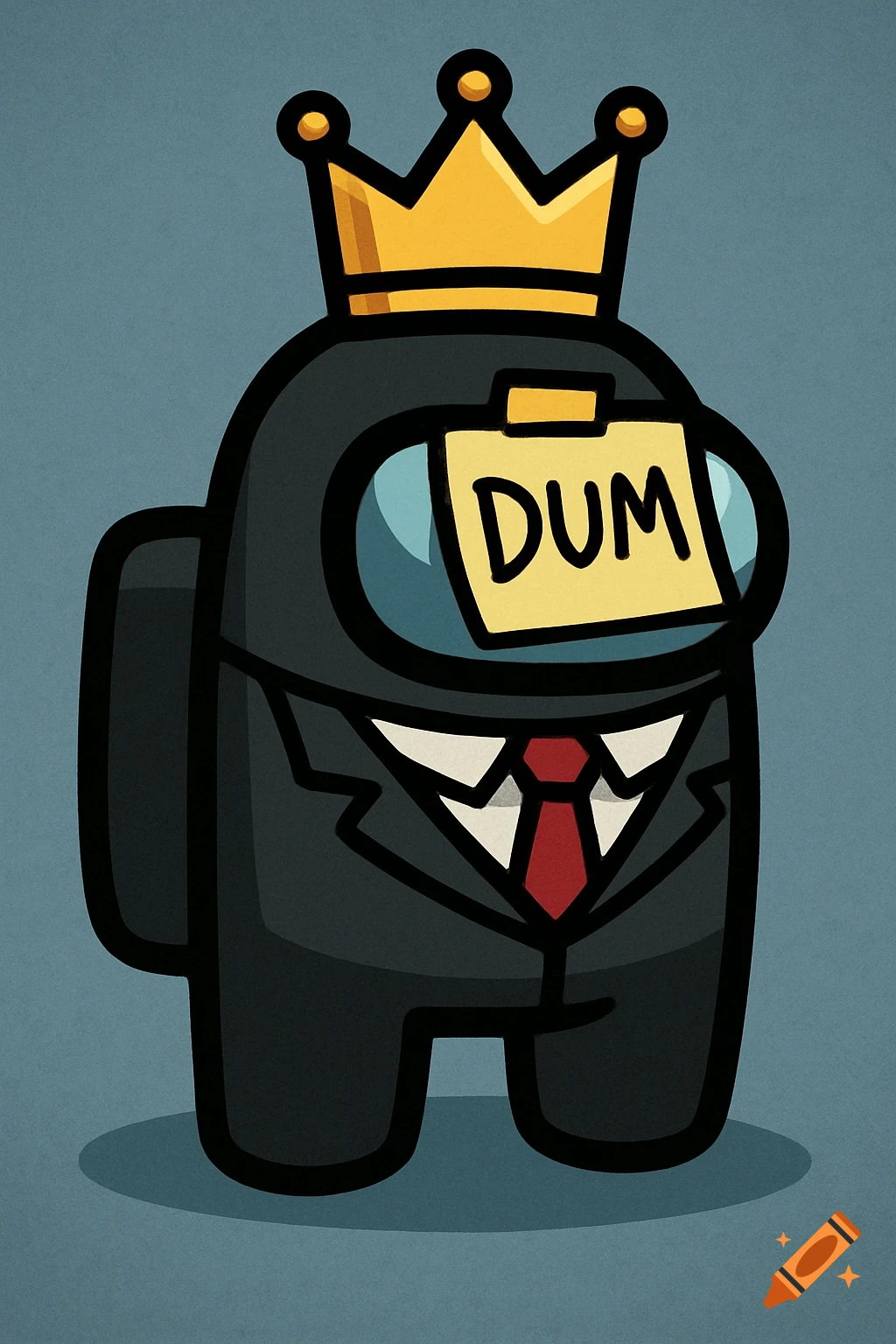 A black Among Us character wears a crown and a business suit with a sticky note that says DUM on its visor.