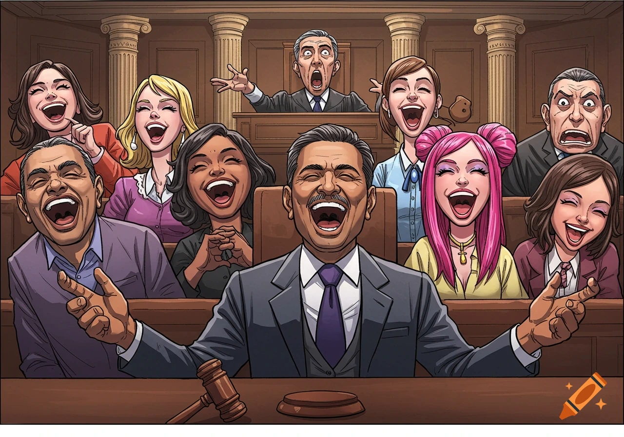 Cartoon illustration of people laughing hysterically in a courtroom.