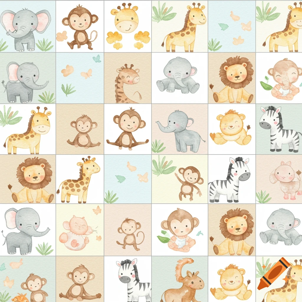 Watercolor seamless pattern of cute safari animals like elephants, monkeys, giraffes, lions, bears, and zebras on colored squares.