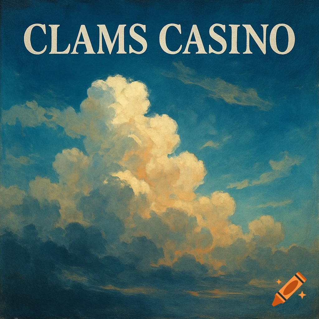 A painting of large, billowy clouds in a blue sky with the text "CLAMS CASINO" at the top.