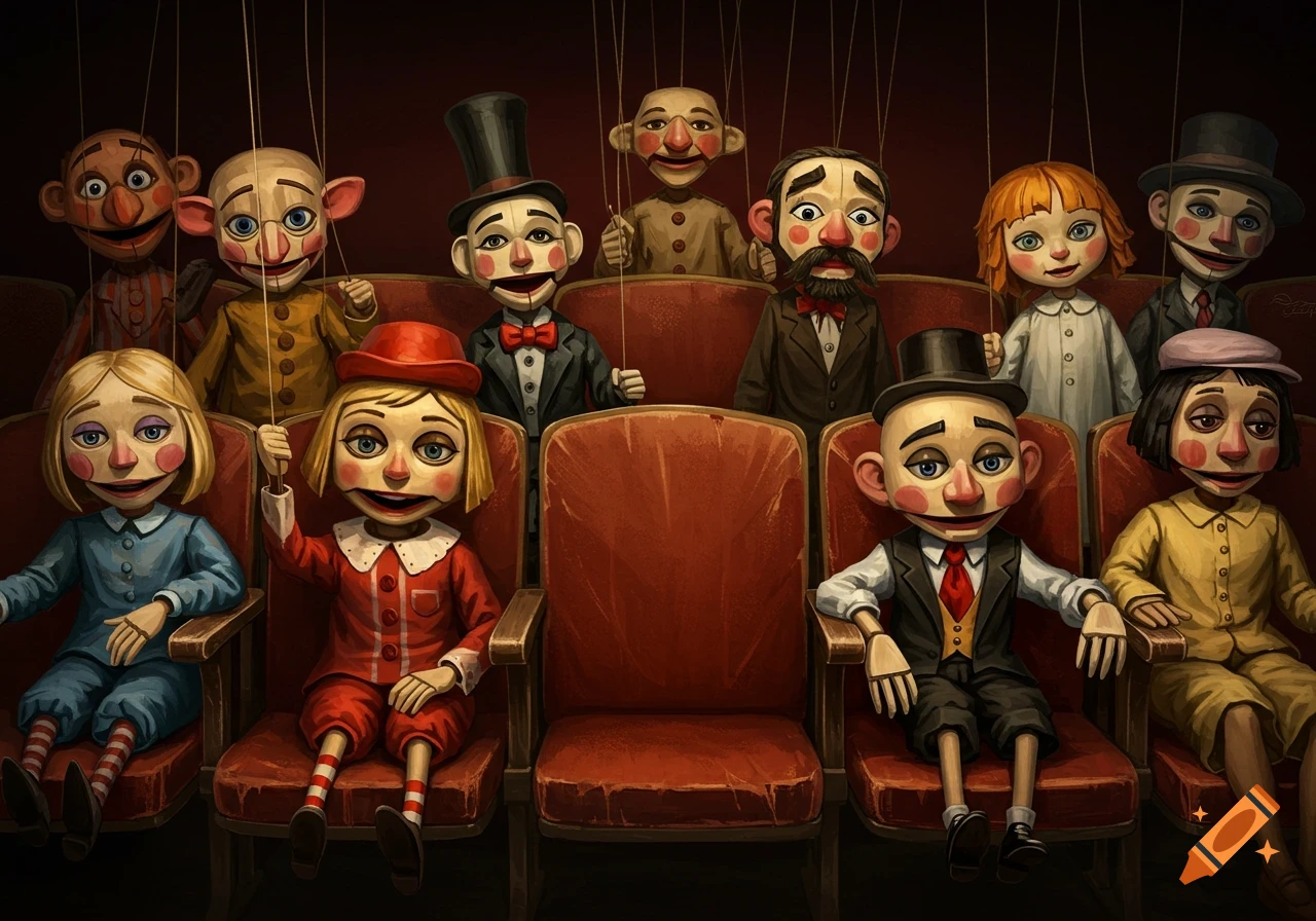 Several puppets sit in red theatre seats.