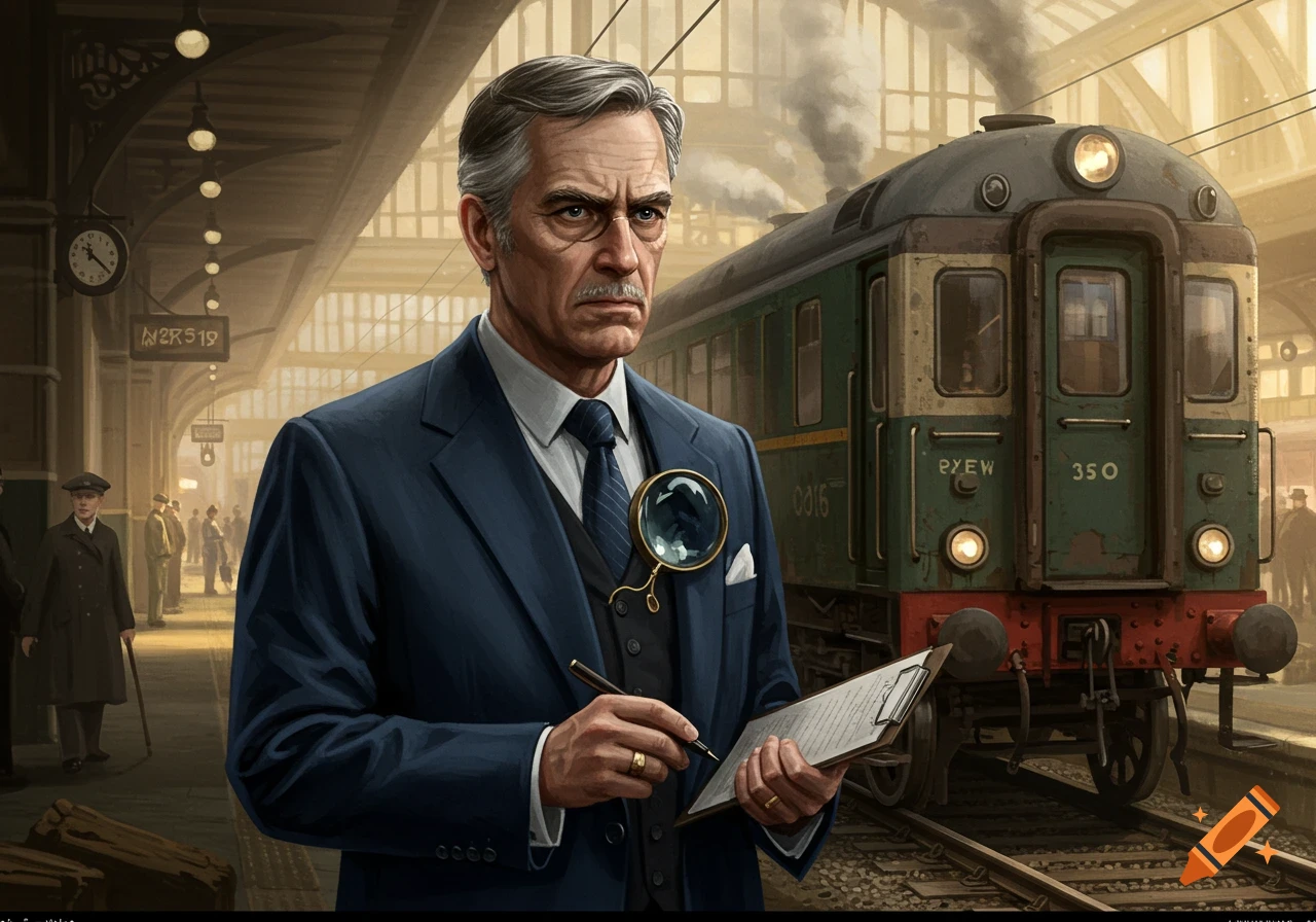 Illustration of a man in a suit holding a clipboard and magnifying glass at a train station with a train.