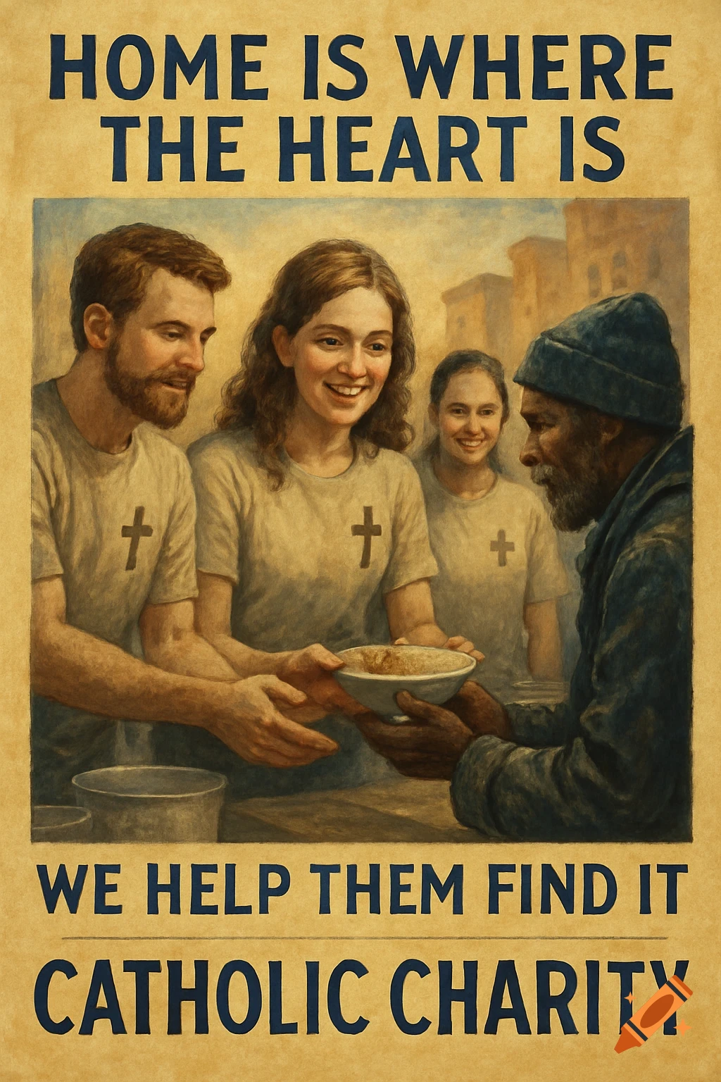 Illustration of people giving food to a homeless man. Text reads 'Home is where the heart is, we help them find it Catholic Charity'.