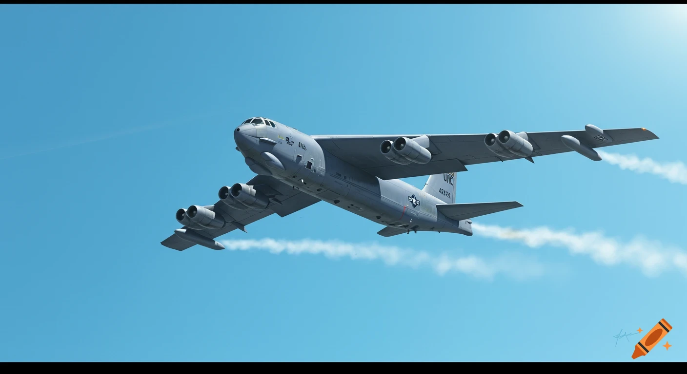 A B-52 bomber aircraft flies across a clear blue sky.