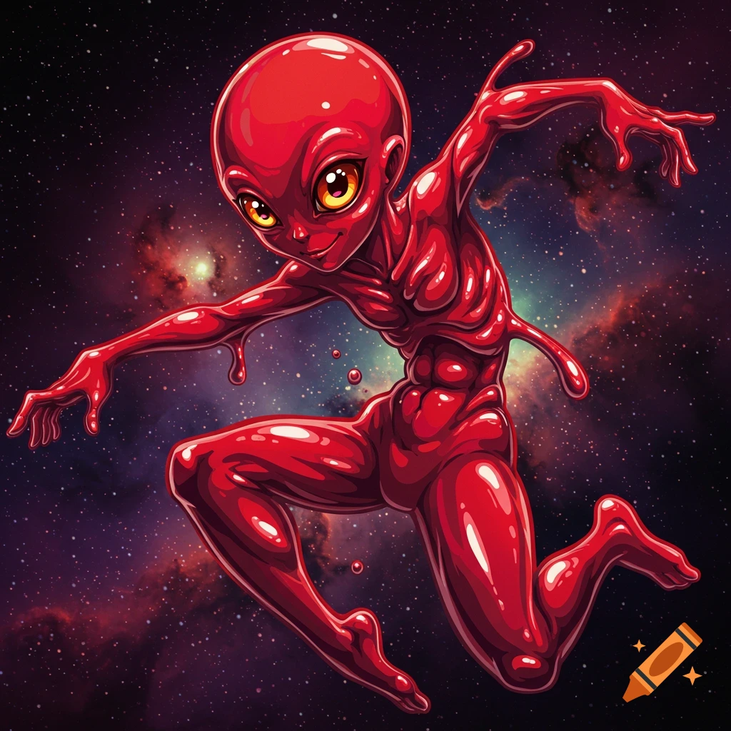 A red, slimy alien creature with large amber eyes floats in space.