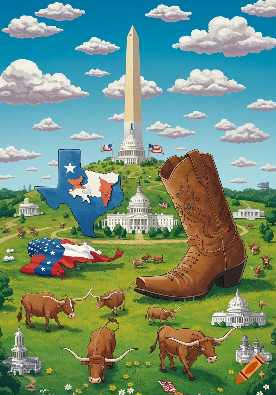 Cartoon illustration combining Texas and Washington DC symbols: Capitol, Washington Monument, Texas map, longhorns, and cowboy boot.