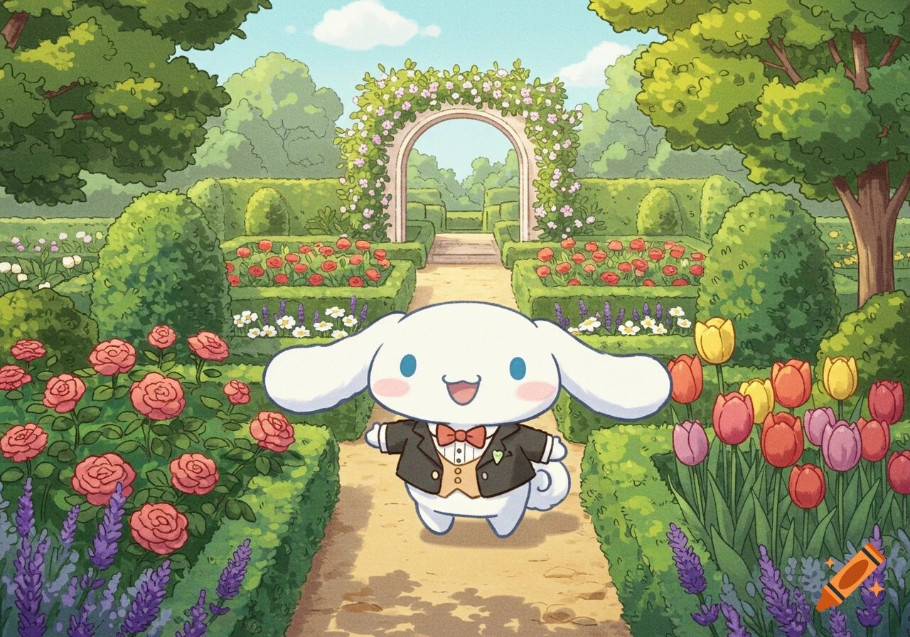 Animated Cinnamoroll in a tuxedo smiles in a lush garden.