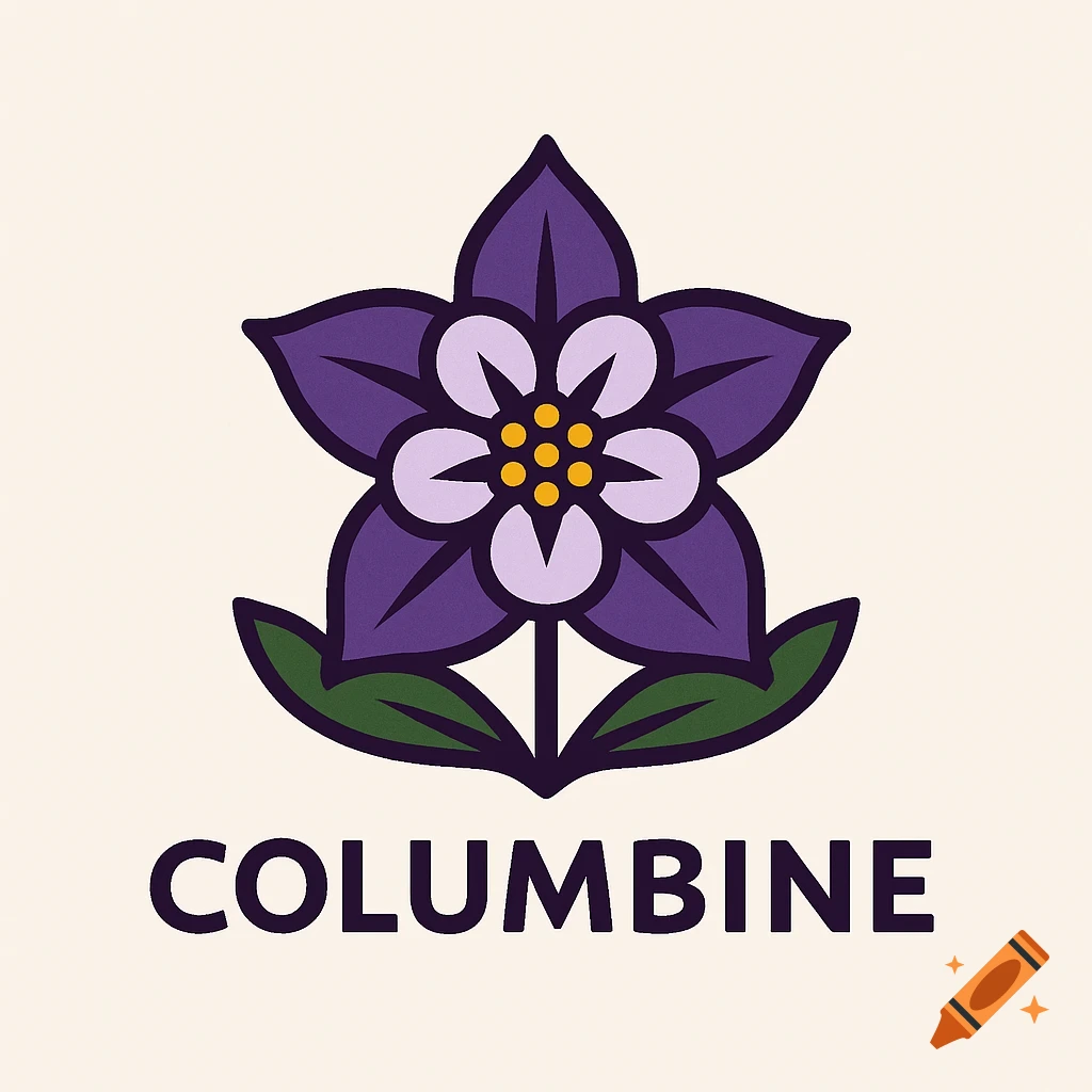 A stylized purple columbine flower logo with green leaves and yellow center, with the word COLUMBINE below.