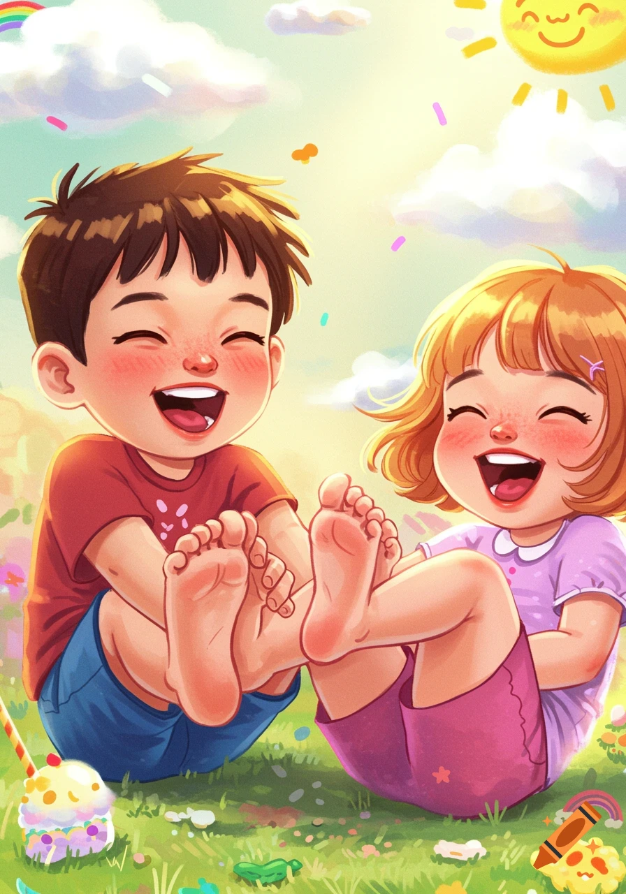 Cartoon illustration of two happy children sitting on grass, tickling each other's feet on a sunny day.