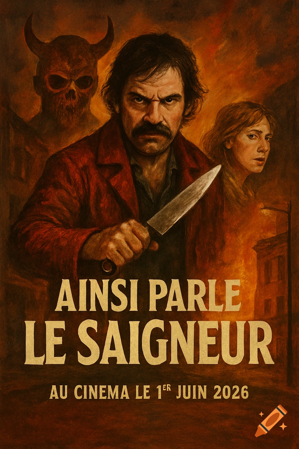 Dramatic movie poster with a man holding a knife, a woman, and a horned skull figure in a dark, textured style.