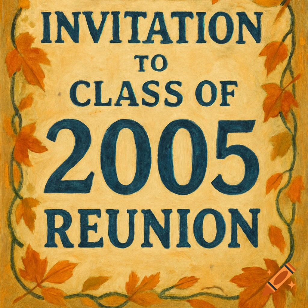 Invitation graphic for a class of 2005 reunion with autumn leaves.