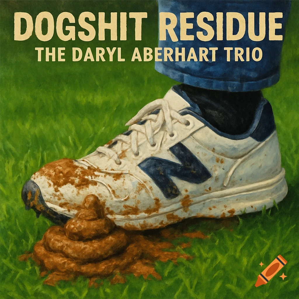 Painting of a foot in a sneaker stepping in dog poop on grass. Text reads: DOGSHIT RESIDUE THE DARYL ABERHART TRIO.