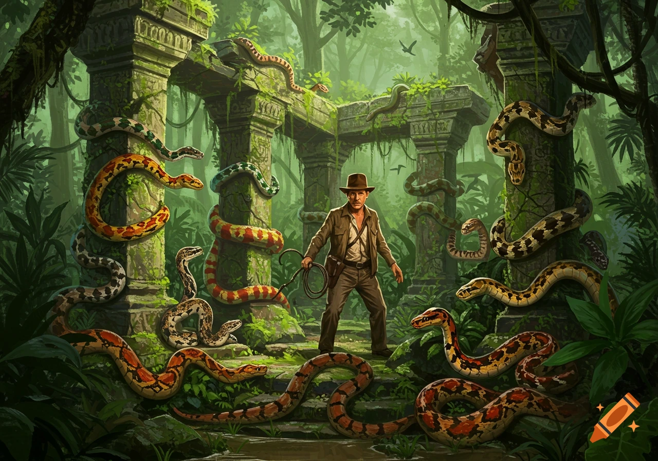 Indiana Jones standing in overgrown jungle ruins surrounded by snakes, detailed illustration.