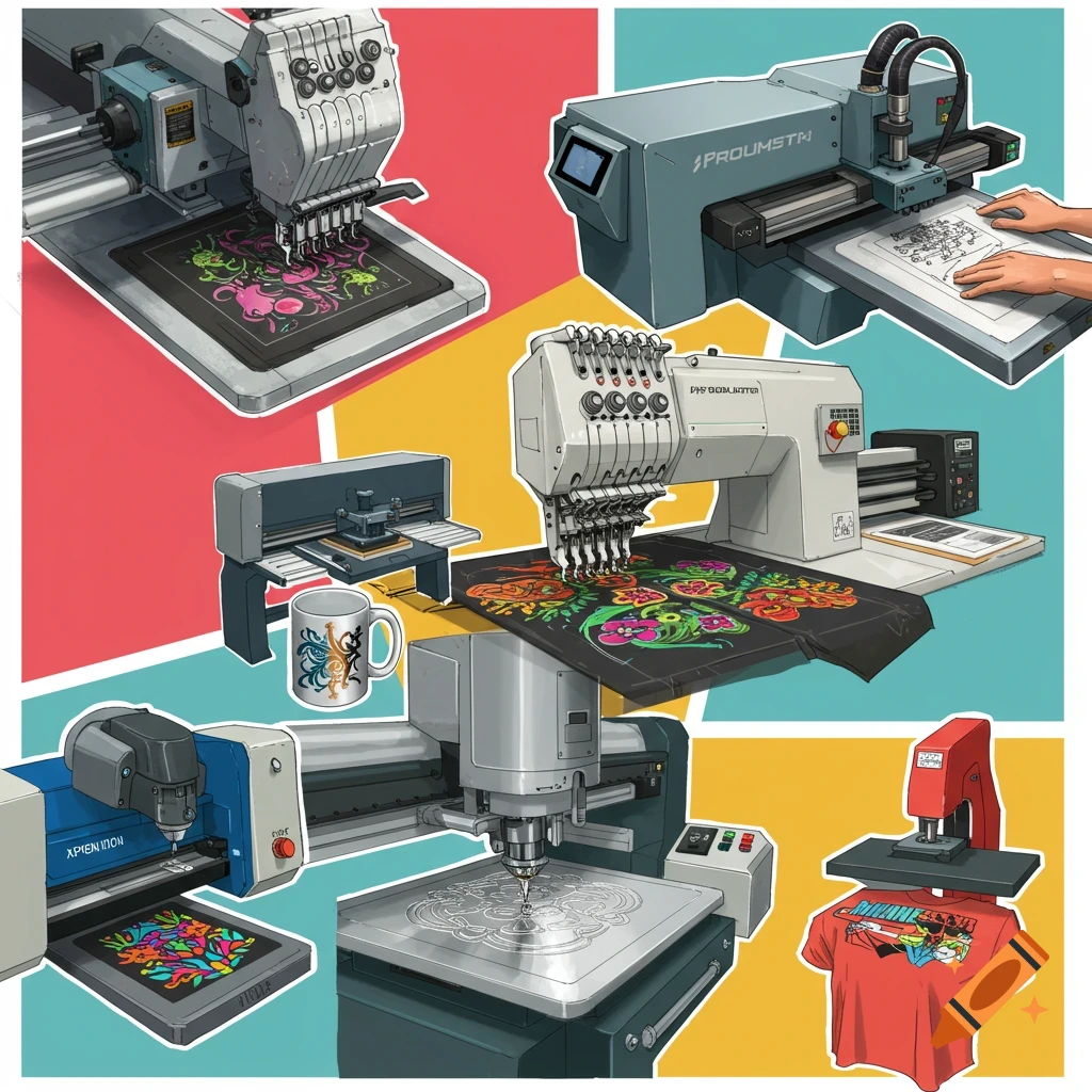 Collage showing various industrial machines for printing, embroidery, and engraving.