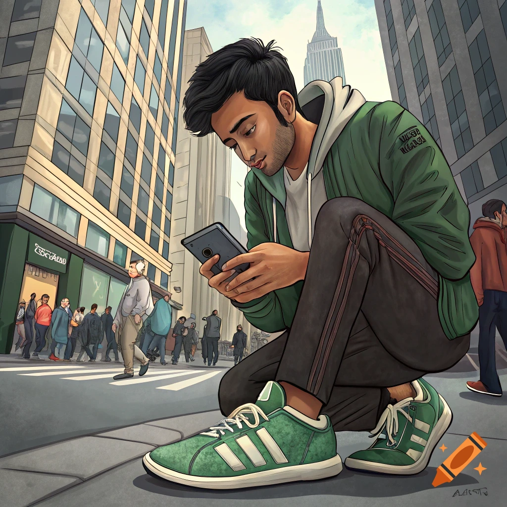 Illustration of a young man crouching on a city street looking at his phone, with buildings and people in the background.