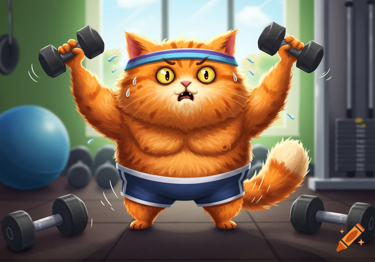 A sweating orange cartoon cat in a headband and shorts struggles to ...