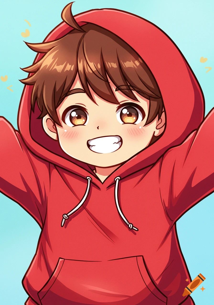 Cute anime boy with brown hair in a red hoodie smiling on Craiyon