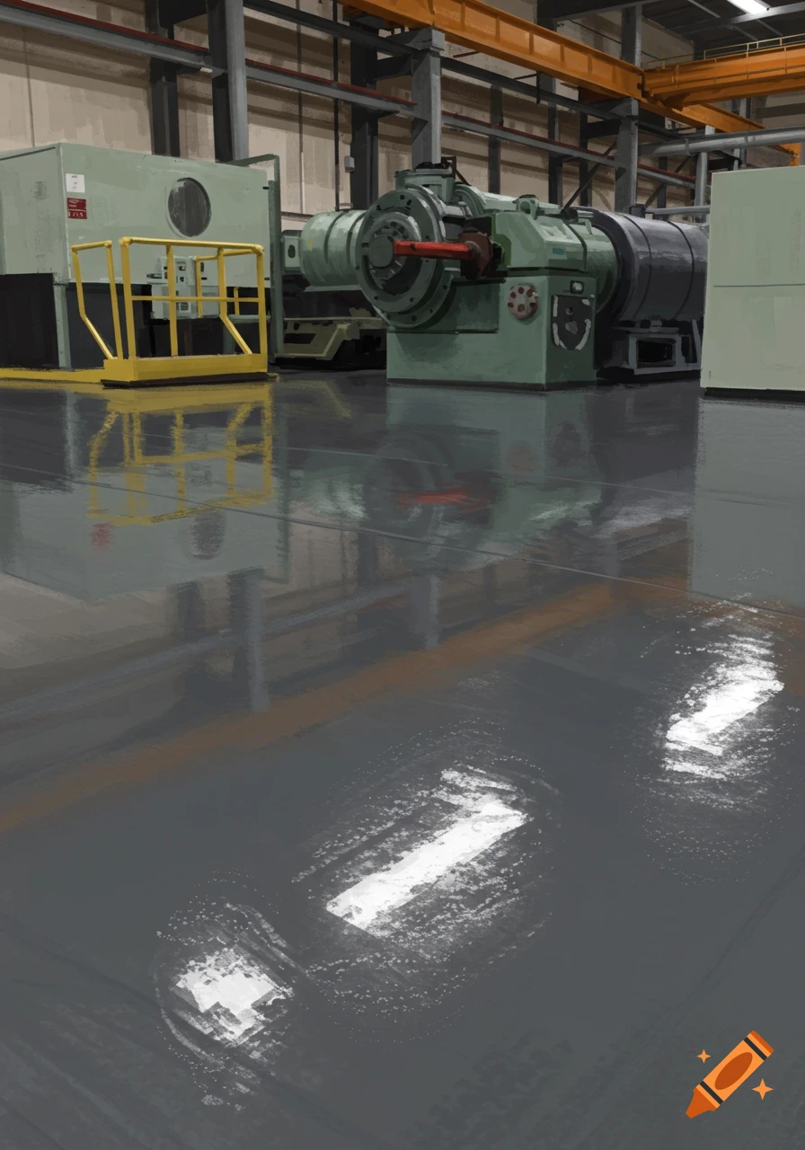 Industrial machinery in a factory with a shiny floor.