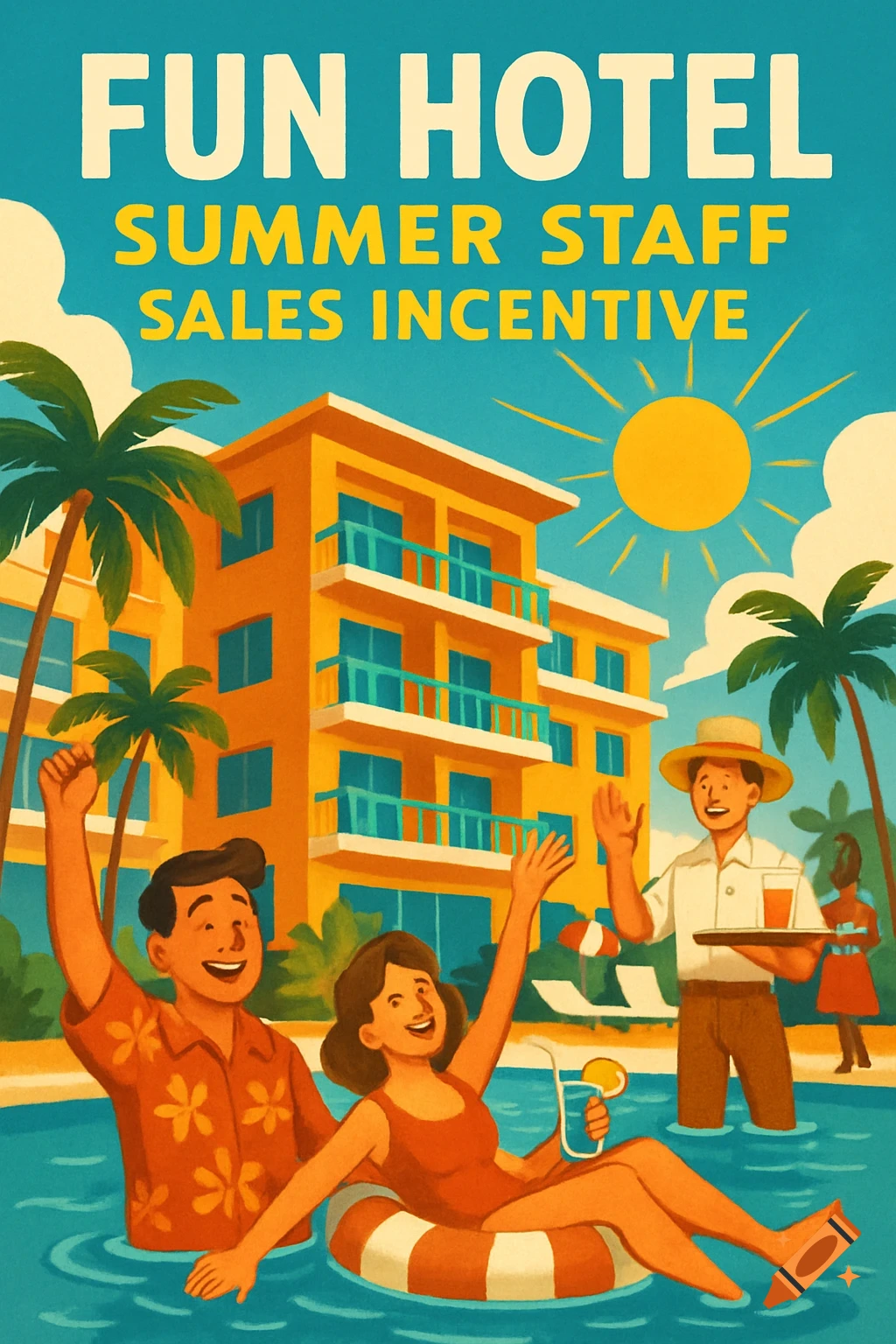 Retro-style illustration of a hotel pool scene with people and text 'FUN HOTEL SUMMER STAFF SALES INCENTIVE'.