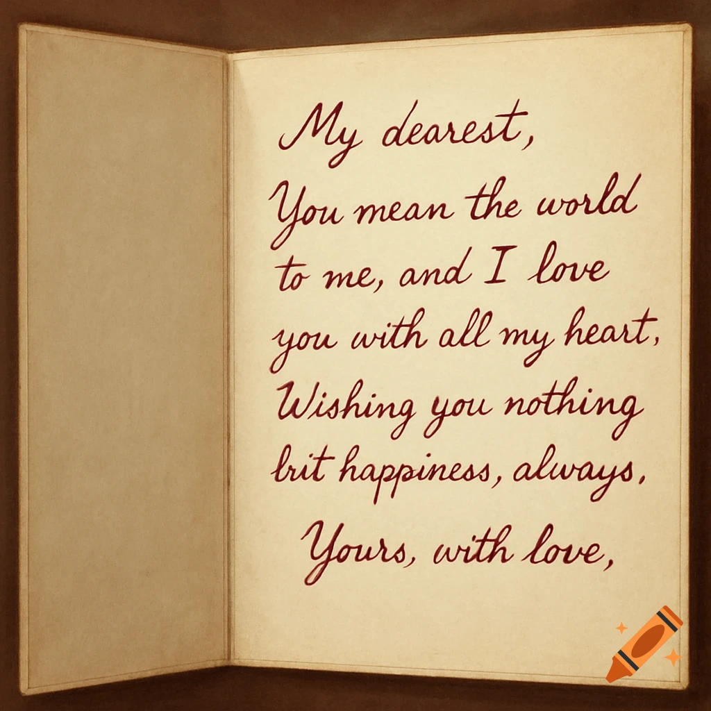 An open card with a handwritten love letter in maroon ink.