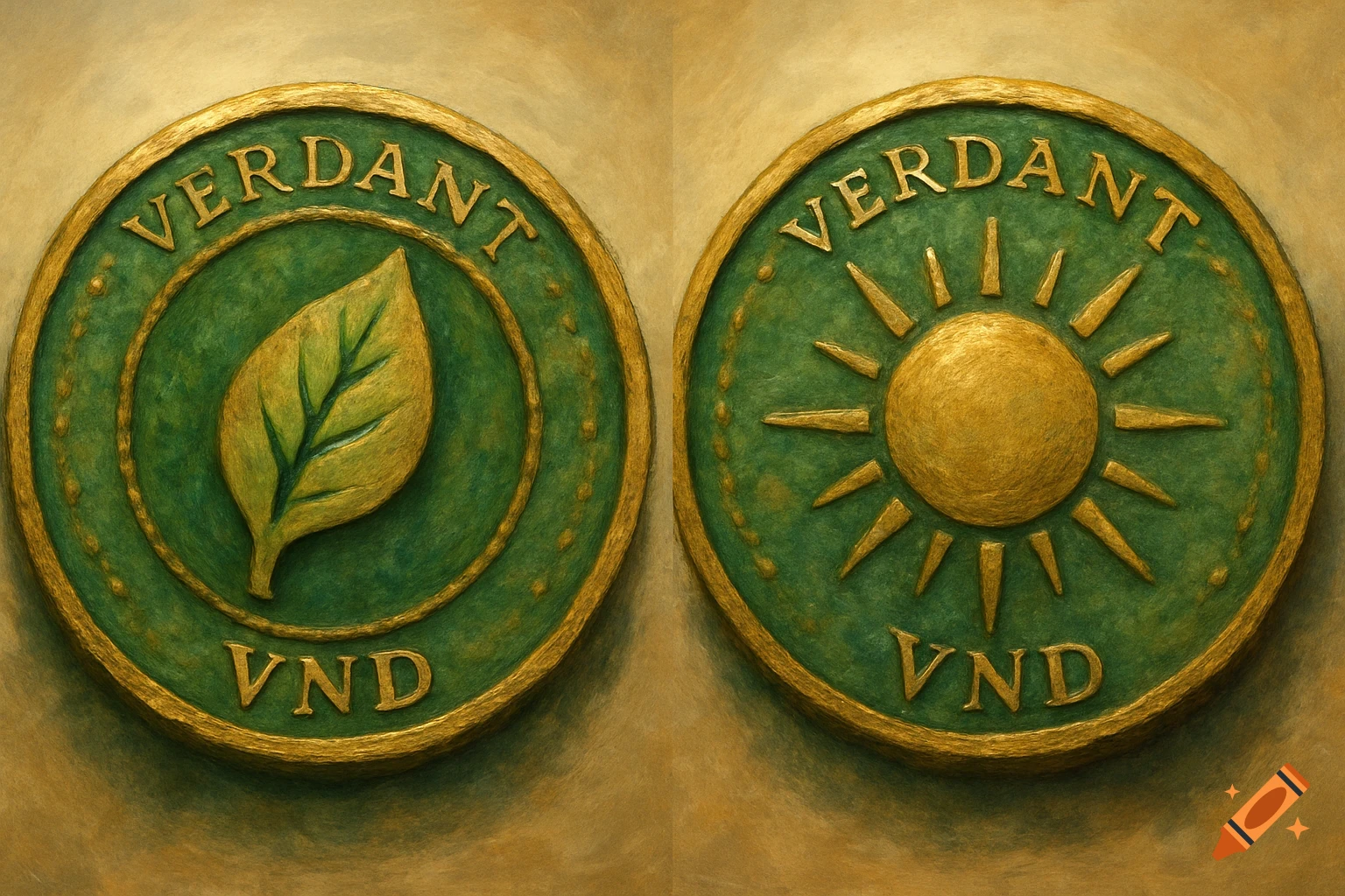 Two green and gold coins show a leaf on the left and a sun on the right, with text VERDANT and VND.