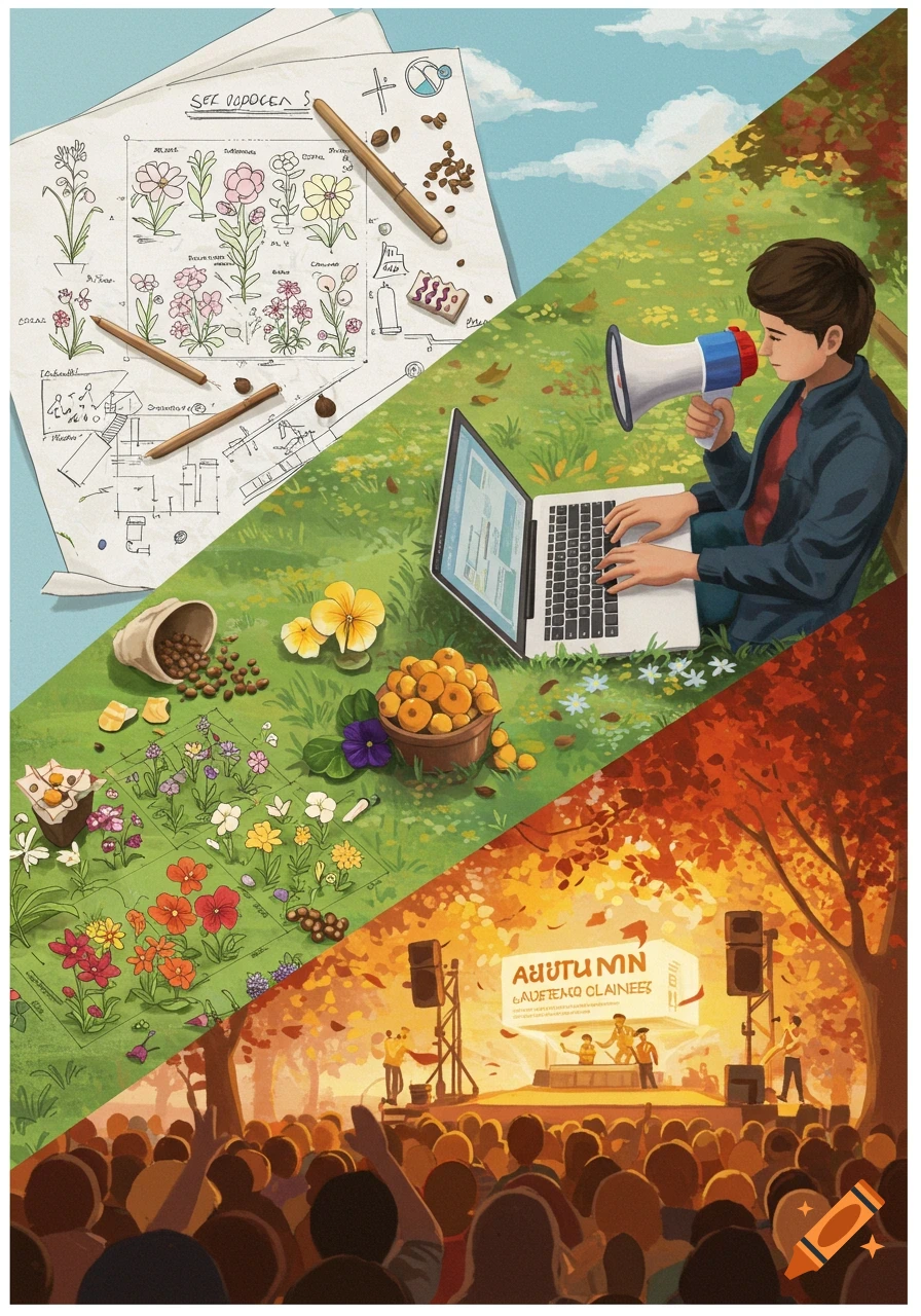 Illustration showing three diagonal sections: sketches and flowers, a person with a laptop and megaphone, and a concert crowd.