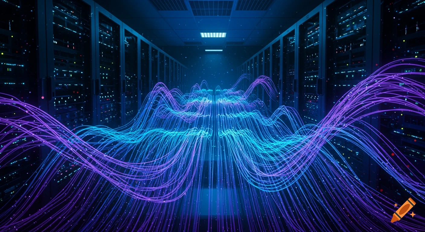 Digital art of a data center with purple and blue glowing waves of data flowing through it.