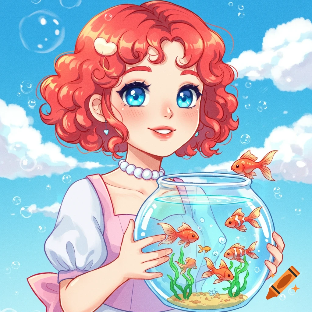 Anime girl with red curly hair holds a fishbowl with goldfish, set against a cloudy sky with bubbles.