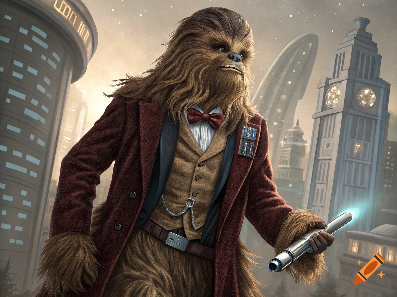 Chewbacca from Star Wars dressed as the 10th Doctor, holding a sonic screwdriver in a futuristic city.