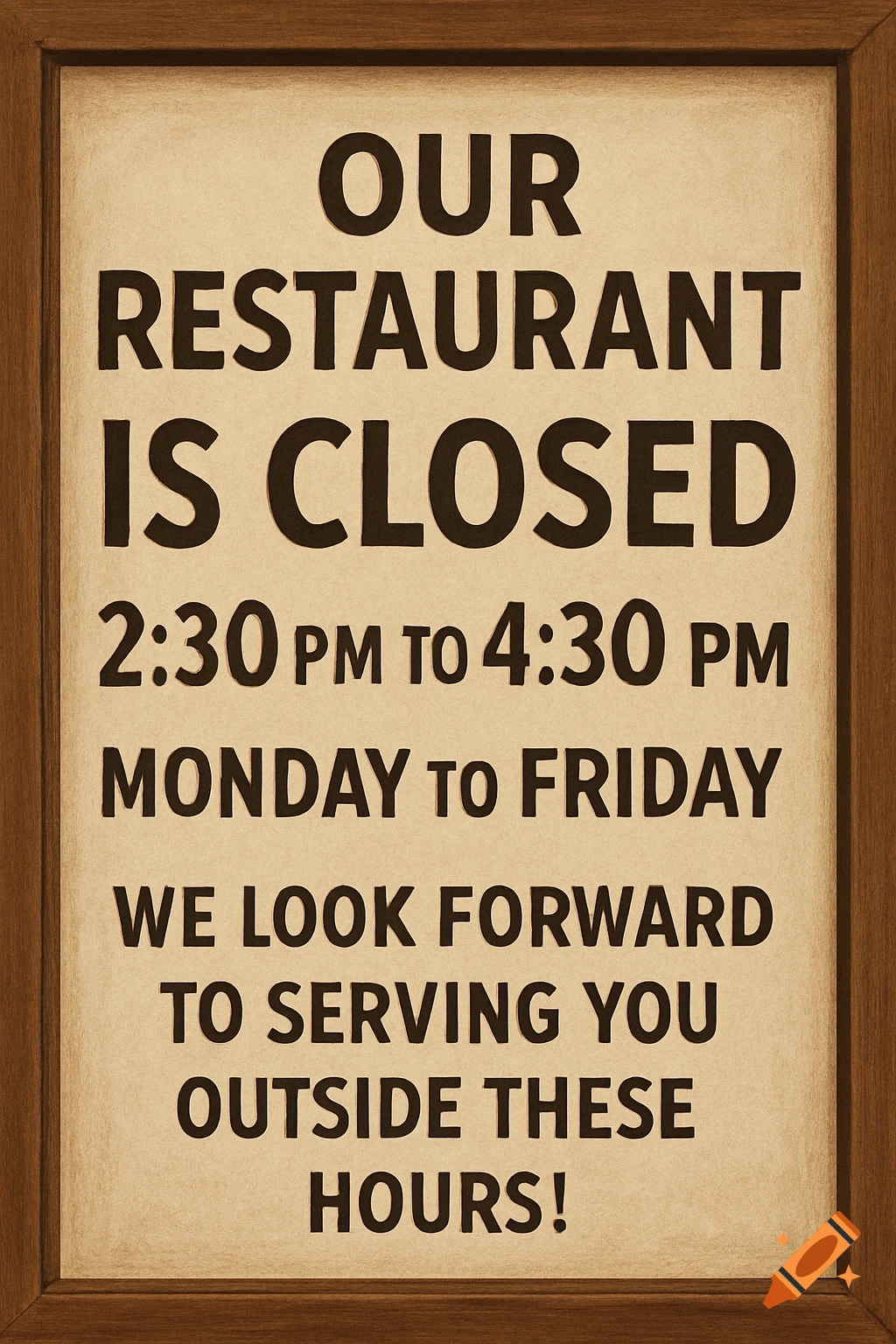 A wooden-framed restaurant sign stating closed hours and inviting customers outside those hours.