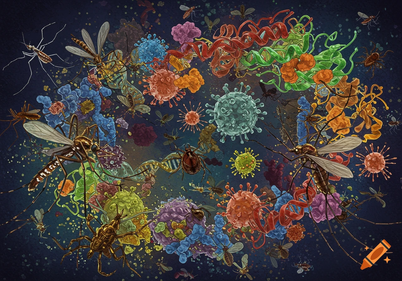 An illustration shows mosquitoes, ticks, viruses, proteins, and DNA strands against a dark background.