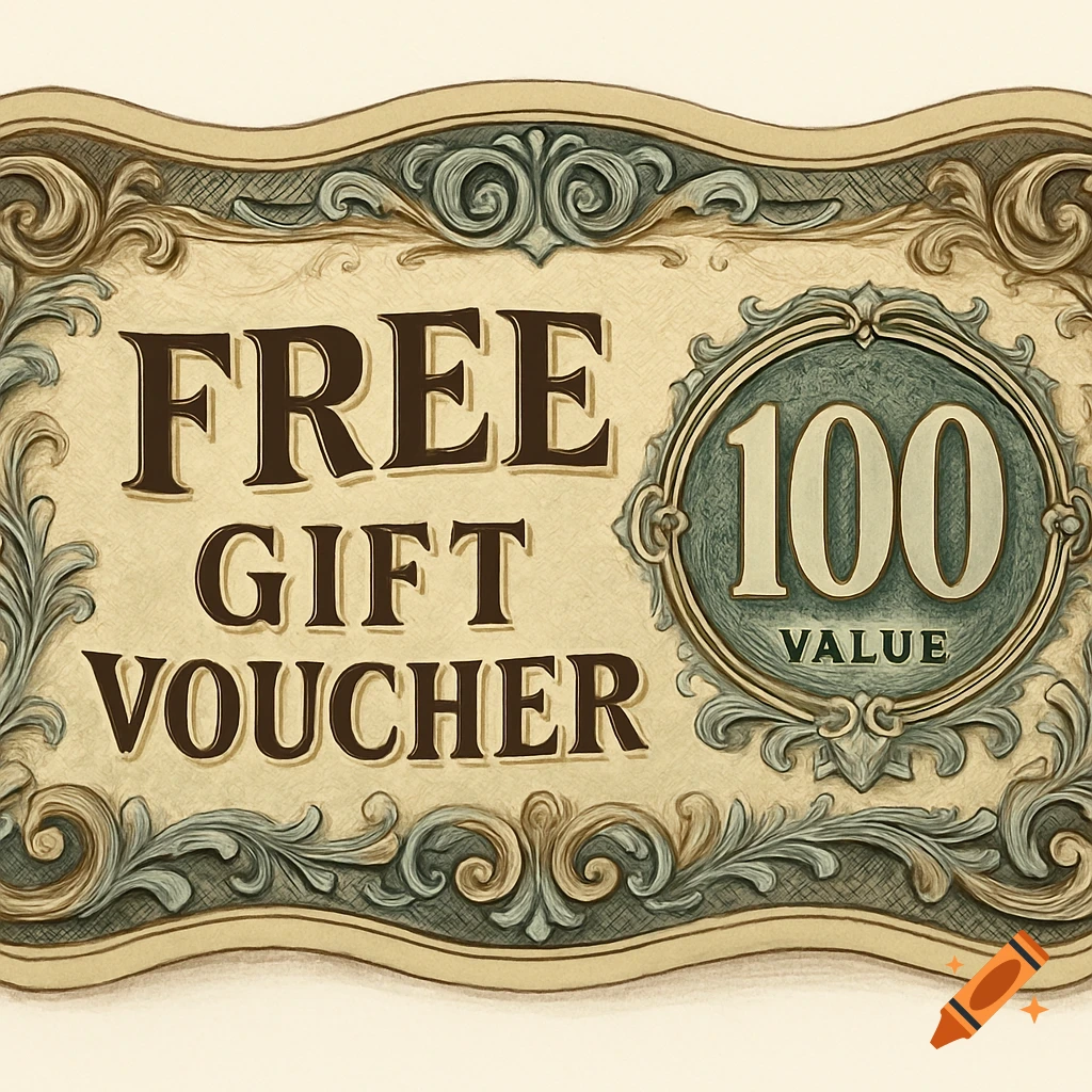 An ornate vintage style free gift voucher with '100 Value' and decorative borders.