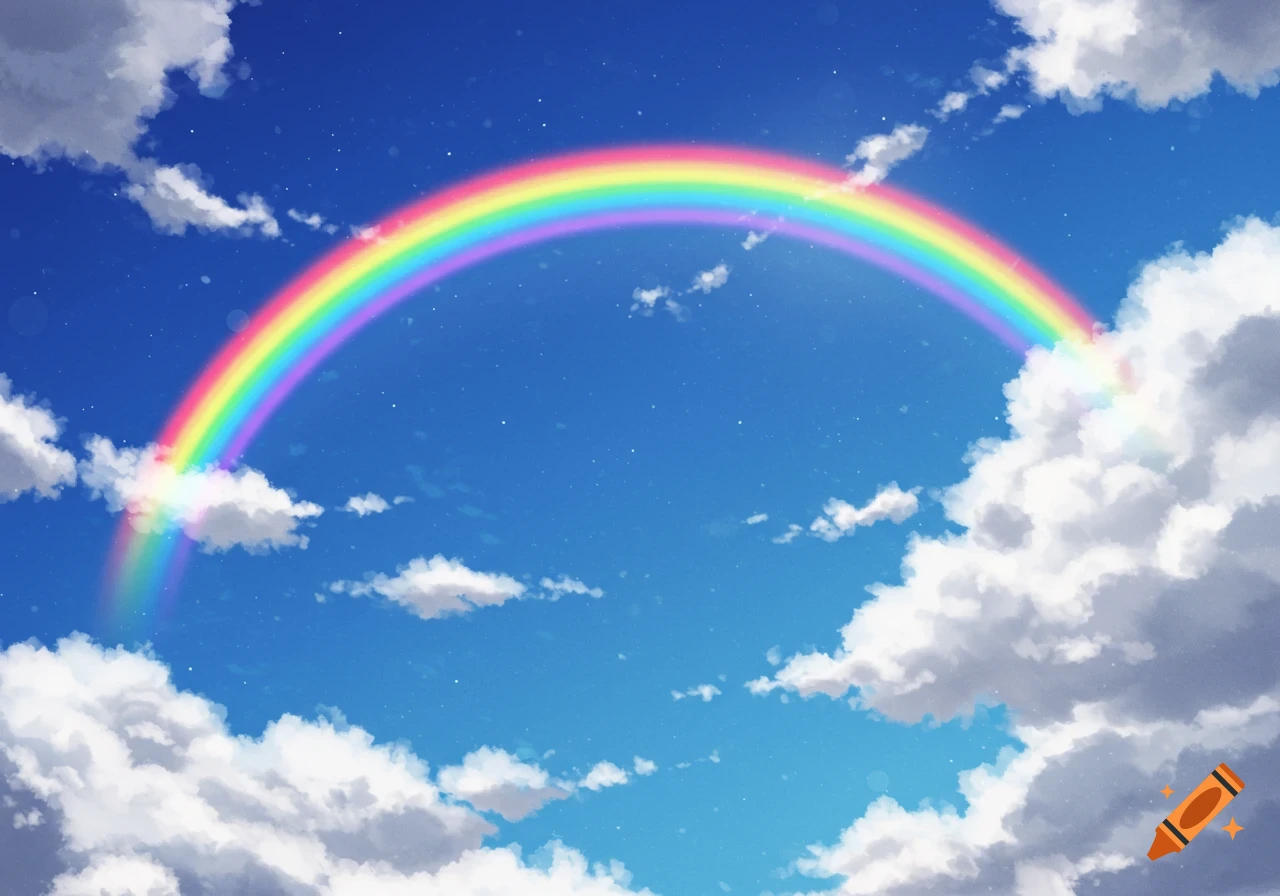 A vibrant rainbow arches across a bright blue sky filled with fluffy white clouds.
