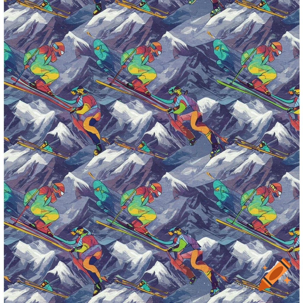 Colorful seamless pattern of skiers on mountains