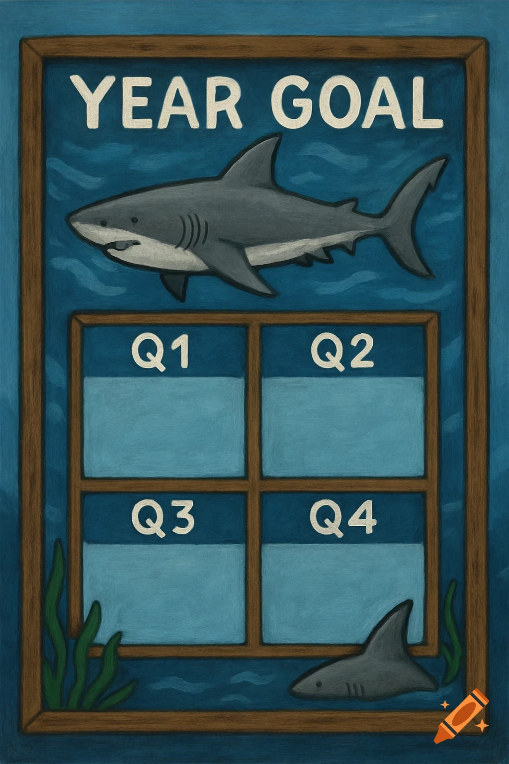 Shark-themed goal board illustration with a large shark above sections for Q1, Q2, Q3, and Q4, and a small shark at the bottom.