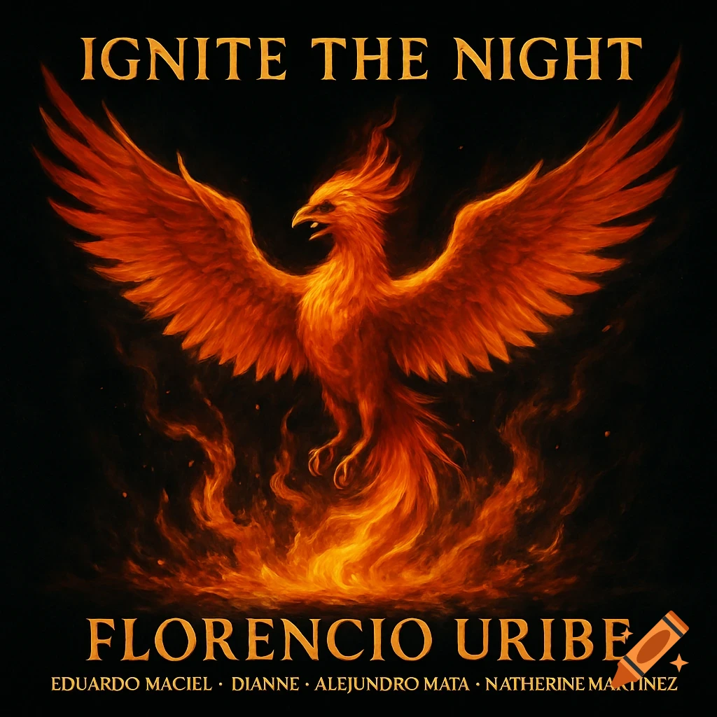 A phoenix rising from flames against a black background with text