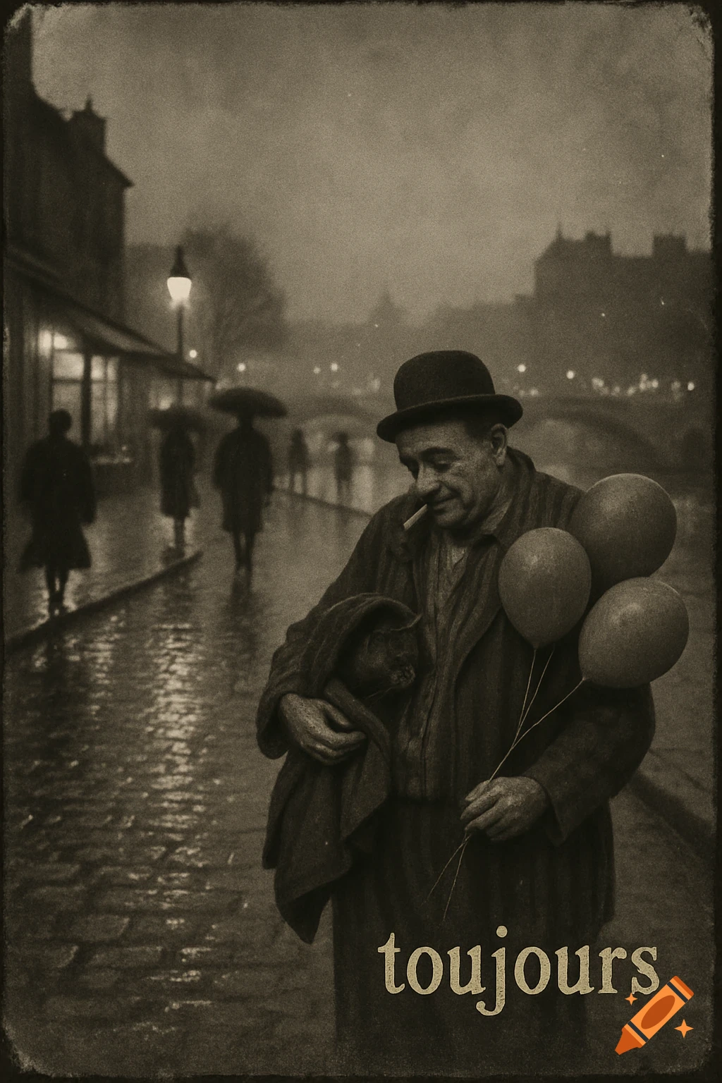 Vintage photo of a man holding a cat and balloons on a rainy Paris street at dusk, with the word toujours.
