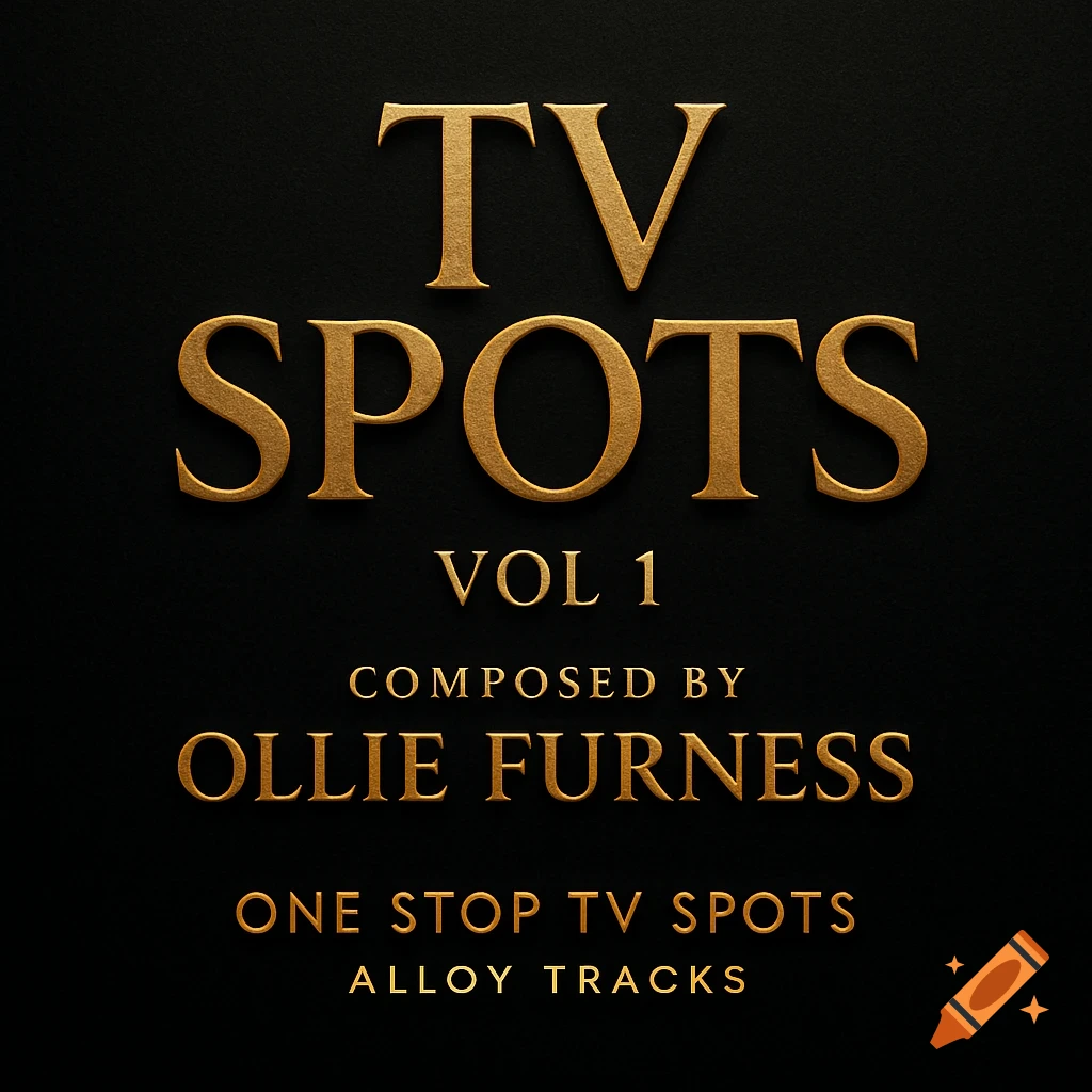 Gold text album cover design on black background: TV SPOTS, VOL 1, COMPOSED BY OLLIE FURNESS, ONE STOP TV SPOTS, ALLOY TRACKS.
