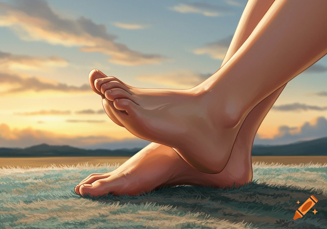 Bare feet crossed on grass at sunset with mountains