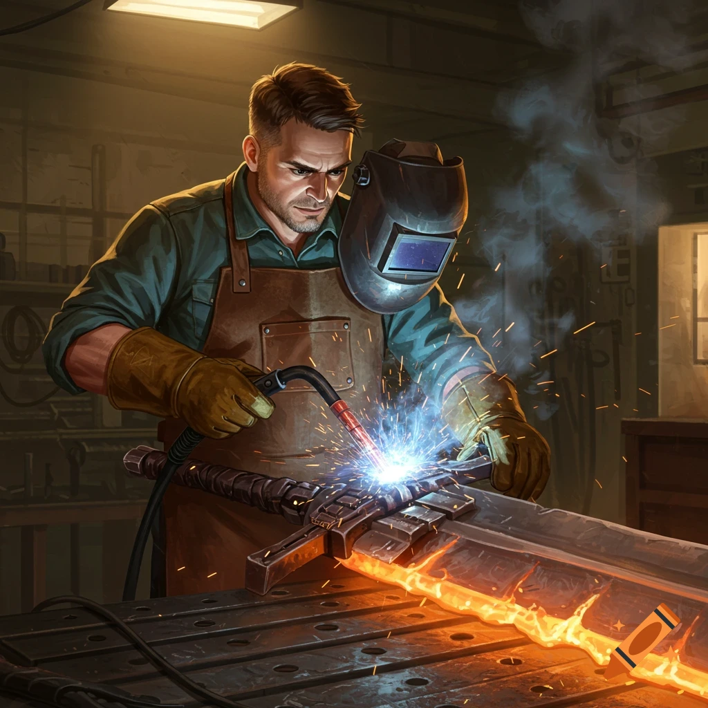 Man in welding mask and apron welding a large fantasy sword in a workshop.