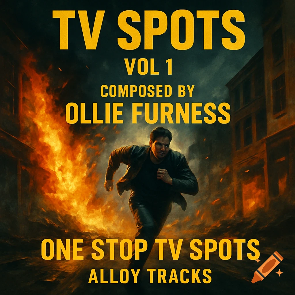 Album cover: Man running from fire in city street with text overlay 'TV SPOTS VOL 1 COMPOSED BY OLLIE FURNESS ONE STOP TV SPOTS ALLOY TRACKS'.