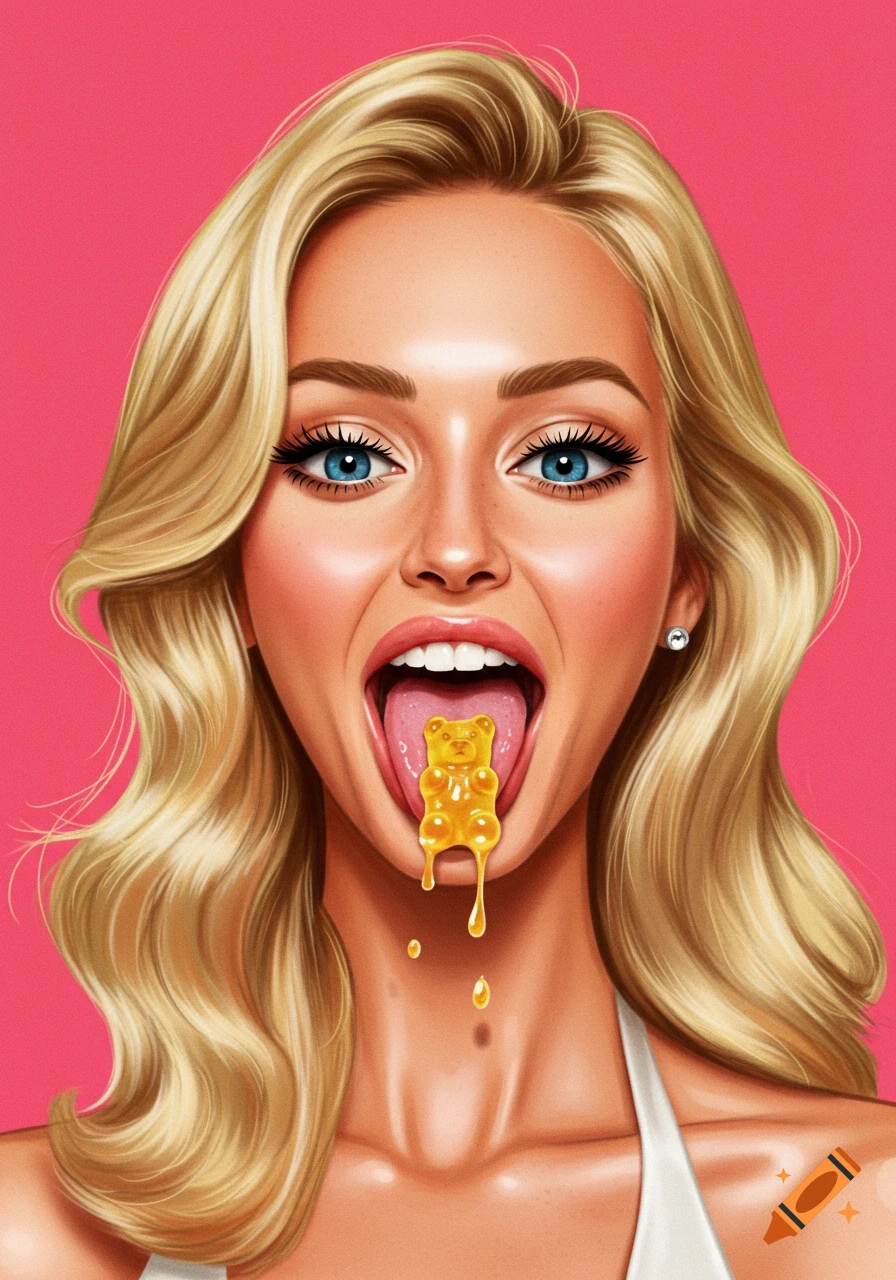 Stylized illustration of a blonde woman with a melting gummy bear on her tongue.