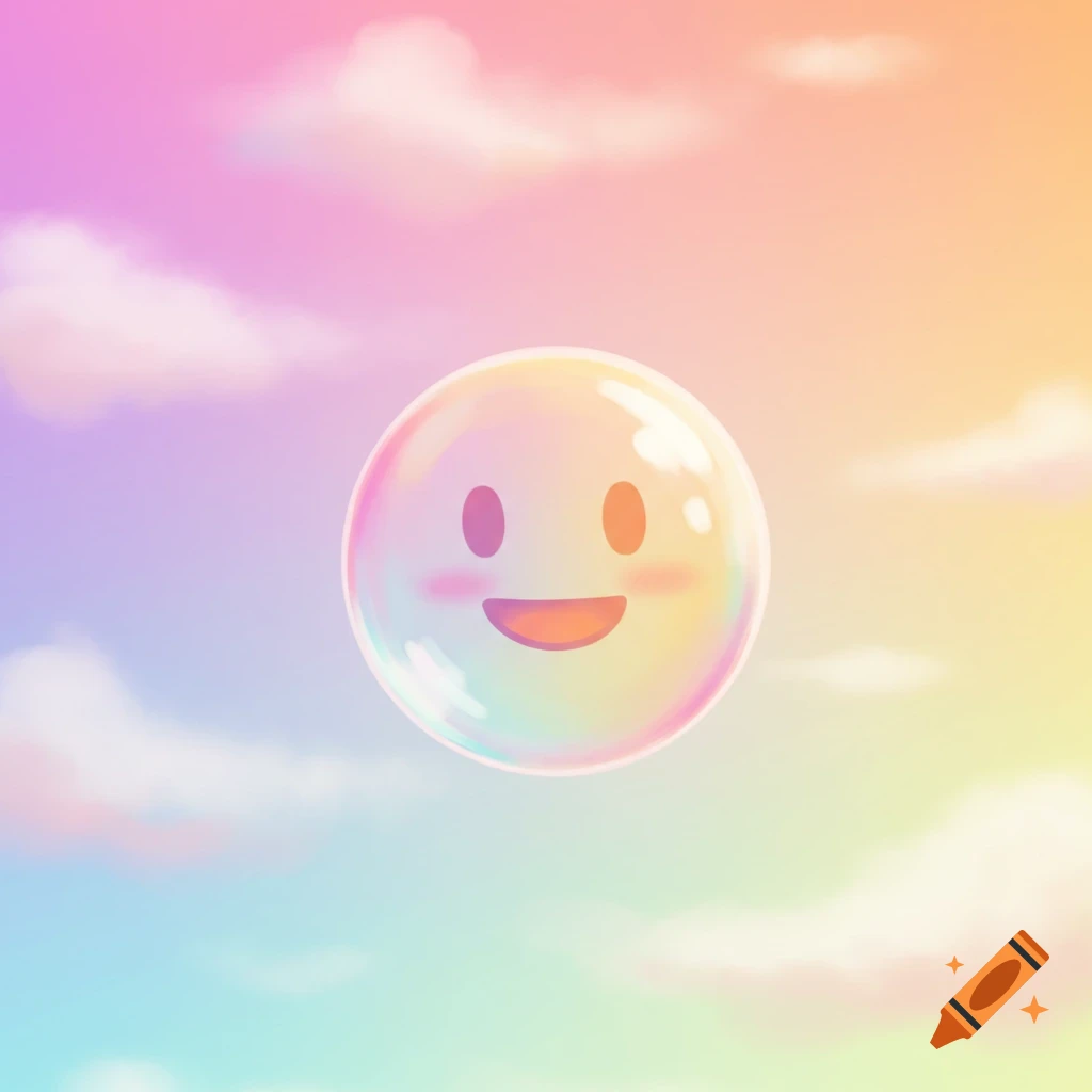 A cute bubble with a smiley face floats in a pastel sky with clouds.