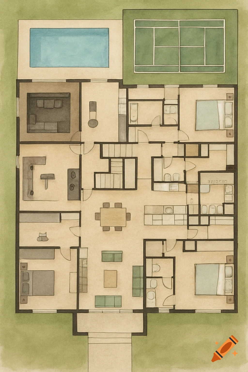 Top-down watercolor-style floor plan of a large house with a pool and tennis court.