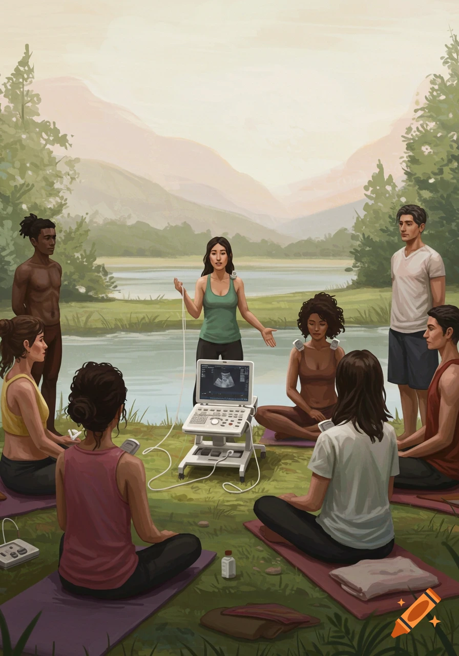 A group of diverse people sit on yoga mats outdoors around an ultrasound machine, with a woman standing and talking. Lake and mountains in background.