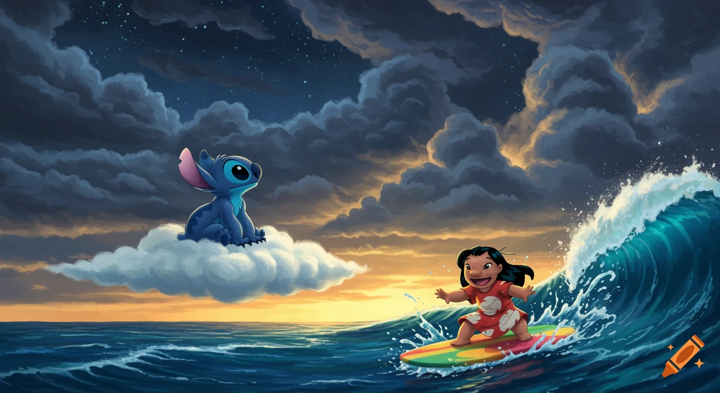 Stitch sits on a cloud watching Lilo surf a wave in the ocean under a stormy sunset sky.