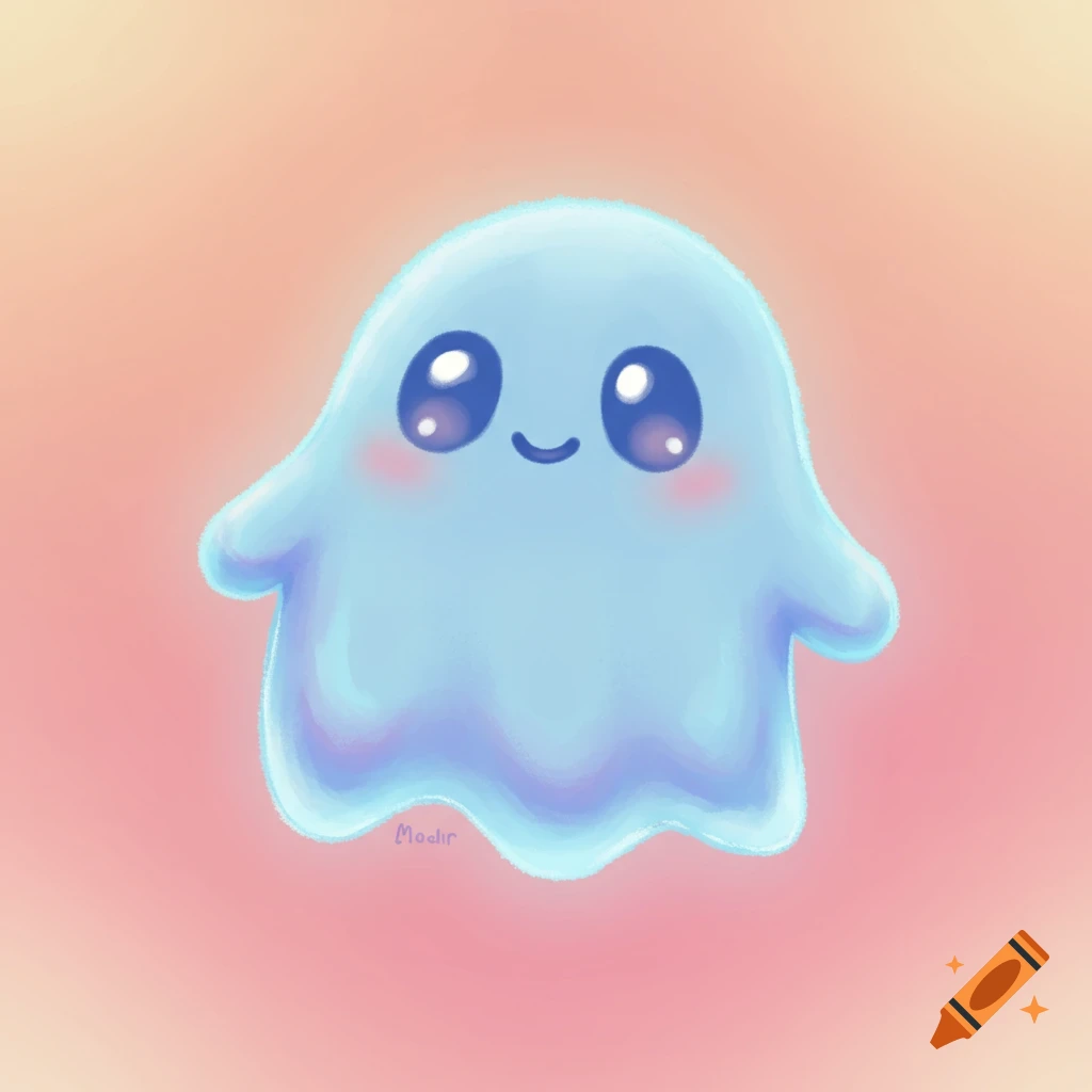 A cute blue cartoon ghost with big eyes and pink cheeks floats on a soft pink and orange background.